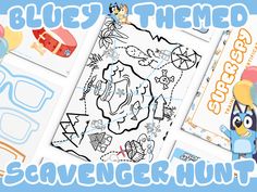 blue themed scavenger hunt for kids with pictures and balloons in the background, including an owl