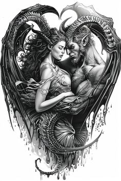 a couple hugging in front of a heart shaped dragon with wings on it's back