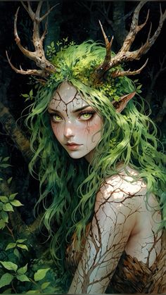 a painting of a woman with green hair and deer antlers on it's head