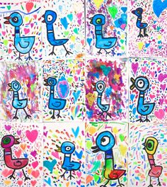 several colorful paintings on paper with hearts and birds in the background, all painted by children