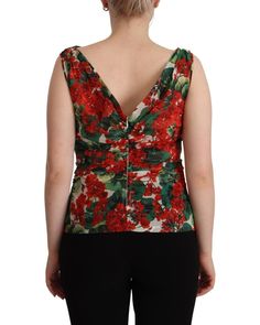 Brand: Dolce & Gabbana Condition: New with tags Style: Tank top Color: Multicolor Neckline: V-neck Print: Geranium Logo details Country of Origin: Italy Material: 93% Silk 7% Elastane Size on Tag: IT46|XL Designer V-neck Summer Tops, Designer Red Silk Top, Designer Silk V-neck Tops, Elegant Fitted Multicolor Tops, Fitted Multicolor Top For Formal Occasions, Formal Fitted Multicolor Top, Designer V-neck Party Top, Designer Red Formal Tops, Red Designer Formal Tops