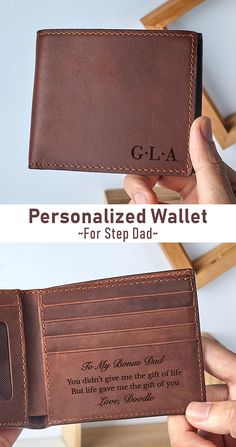 the personalized wallet for dad is shown in two different photos, one with an engraving on it