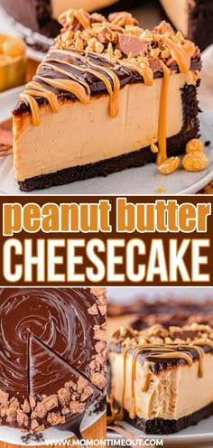 peanut butter cheesecake with chocolate sauce and caramel drizzle on top