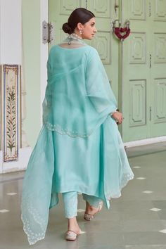 Blue kurta featuring floral embroidery, V neckline and three-quarter sleeves. Paired with a palazzo and dupatta with cutwork border detailing., Fit: Relaxed Suit Palazzo, Blue Kurta, Palazzo Set, Women Kurta, Straight Kurta, Fashion App, Wedding With Kids, Indian Designer Wear, Cut Work