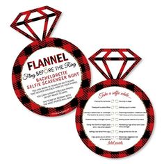 a red and black checkered ring shaped brochure with the words flannel on it