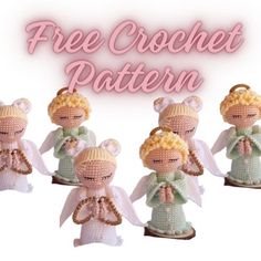 four crocheted angels with blonde hair and white wings are standing in front of the words free crochet pattern