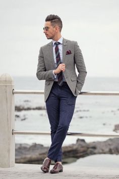 MenStyle1- Men's Style Blog Tucked In Shirt Outfit, Grey Blazer Outfit, Pants Ideas, Blue Pants Men, Terno Slim, Blazer Outfits Men, Man In A Suit, Mens Fashion Blazer, Monk Strap Shoes