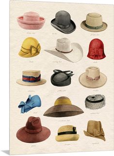 Metal Print entitled Vintage Hats III.  Multiple sizes available.  Primary colors within this image include White, Light Yellow, Burgundy, Gray.  Made in USA.  All products come with a 365 day workmanship guarantee.  Archival-quality UV-resistant inks.  Museum-quality, artist-grade canvas mounted on sturdy wooden stretcher bars 1.5 thick.  Comes ready to hang.  Canvas frames are built with farmed or reclaimed domestic pine or poplar wood. Vintage Hats For Women, Different Hat Styles, 1930s Hats, Hat Art, Happy Hat, Fashion Gal, Winter Shorts, Guys And Dolls, Millinery Hats