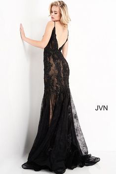 JVN06475 Plunging Neckline Prom Dress Vampire Attire, Plunging Neckline Prom Dress, Emo Wedding, Malfoy Manor, Fitted Lace Dress, Sheer Corset, Light Blue Prom Dress, Backless Gown, Mermaid Prom Dresses Lace