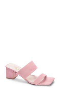 A square toe and chunky block heel add geometric elements to a strappy slide sandal crafted from leather. 2 1/4" heel Leather upper and lining/synthetic sole Imported Light Pink Sandals, Heel Collection, Headband Jewelry, Pink Sandals, Gold Shoes, Chunky Block Heels, Shoe Boot Sandals, Pink Heels, Sneaker Heels