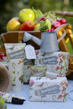 the table is covered with tea bags and other items