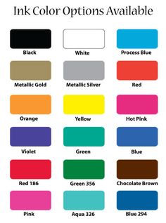 the ink color options available for all types of paints and their colors are shown here