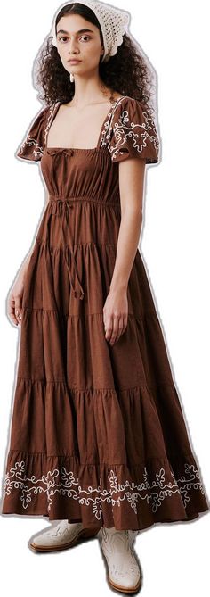 Brown Ruffled Maxi Dress, Flowy Brown Tiered Dress, Flowy Tiered Brown Dress, Brown Tiered Skirt Summer Dress, Flowy Brown Maxi Dress With Ruffles, Bohemian Brown Tiered Maxi Dress, Flowy Tiered Dresses With Gathered Skirt, Ruched Tiered Cotton Maxi Dress, Cotton Ruched Tiered Maxi Dress