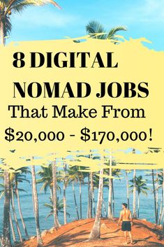 a man standing on top of a hill next to the ocean with text that reads 8 digital nomad jobs that make from $ 20, 000 - $ 70 00