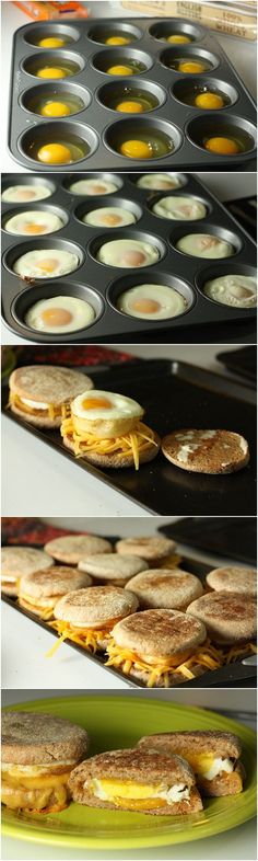 some food is being cooked in pans and on the table with other pictures showing them