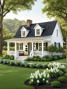 a white house surrounded by trees and flowers