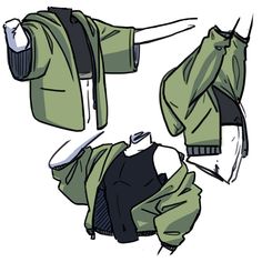 three different views of an unbuttoned green jacket with hoods and sleeves