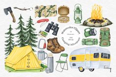 watercolor camping clipart set with camper, tent, trees and other items