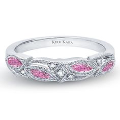 Kirk Kara Dahlia Wedding Band from the Kirk Kara Dahlia Collection Crafted in 18K White Gold with 0.03 Carats of Diamonds and 0.39 Carats of Marquise Cut Pink Sapphire Sapphire Diamond Wedding Band, Sapphire Diamond Wedding Ring, Dahlia Wedding, Dahlias Wedding, Ring Styles, Diamond Jewelry Designs, Everything Pink, Bling Rings, I Love Jewelry