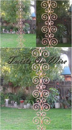 three different views of the same metal planter in front of a fence and trees