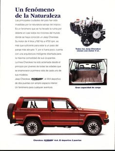 the brochure features an image of a red jeep with its doors open and four wheel drive