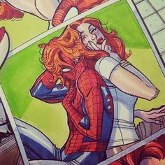 a drawing of a woman with red hair and spider - man suit on her back