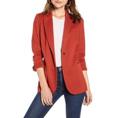 Bring The Power From Your Suit To Your Layering Wardrobe With This Knit Blazer That Adds Boss Style To Any Look Whether You're At Work Or Just Working It. - Condition: Brand New With Tags! - Style: Tb383906mi - Orig: $99 - Color: Red Ochre (Rust Orange Red) - Tag Size: Large (12-14) - Material: 72% Polyester, 25% Rayon, 3% Spandex - Single Front Button Closure - Notched Lapel - Long Sleeves With Button Cuffs - Front Welt Pockets; Chest Patch Pocket - Machine Wash, Line Dry Approx. Measurements ( Classic Red Outerwear For Layering, Solid Color Blazer For Fall Layering, Fall Layering Blazer, Chic Red Outerwear For Layering, Red Casual Blazer For Business Casual, Red Blazer For Winter Business Casual, Red Blazer For Business Casual, Winter, Red Blazer For Business Casual In Winter, Casual Red Outerwear For Business Casual