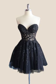 2024 black A-line short homecoming dress Fitted Lace Dress With Sweetheart Neckline And Lace Bodice, Prom Evening Dress With Boned Bodice And Lace, Lace Evening Dress With Boned Bodice For Prom, Lace Evening Dress With Boned Bodice And Sweetheart Neckline, Strapless Lace Dress With Sweetheart Neckline For Evening, Lace Evening Dress With Sweetheart Neckline For Night Out, Fitted Evening Dress With Lace Trim And Sweetheart Neckline, Fitted Lace Dress With Sweetheart Neckline And Corset Back, Evening Strapless Lace Dress With Sweetheart Neckline