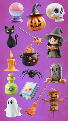 various halloween items on a purple background