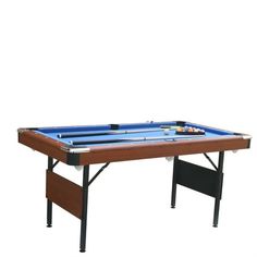 a pool table with cues and balls on it