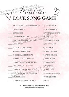 the love song game is shown in pink watercolor on a white background with black lettering