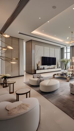 an elegant living room with white furniture and large windows