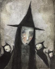 a drawing of a woman with long hair wearing a witches hat and holding two black cats