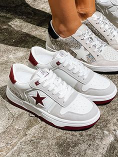 white sneaker with maroon & grey details true to size Red And White Shoes, Maroon Shoes, Star Shoes, Bag Icon, Vintage Havana, Red Shoes, White Shoes, Dress Romper, White Sneaker