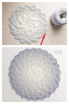 crochet doily is shown with yarn and thread