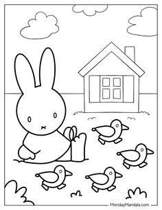 a coloring page with an image of a bunny and ducklings in the grass near a house