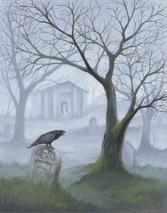 a painting of a crow sitting on top of a grave