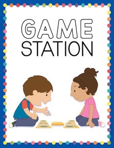 an image of a game station with two children sitting on the floor and one is playing