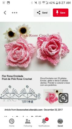 two crocheted flowers are shown on the page, and one is in pink