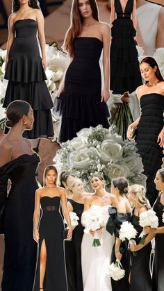 a collage of women in black dresses and bouquets with white flowers on them