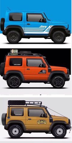 four different colored jeeps are shown side by side