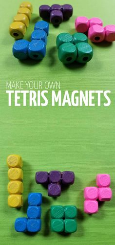 the words make your own tetris magnets on a green surface with colorful wooden pegs