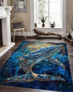 a blue area rug with an image of a dolphin in the ocean on it's side