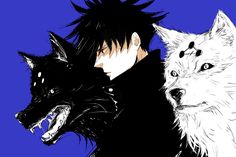 an anime character with black hair and two white wolfs in front of blue background