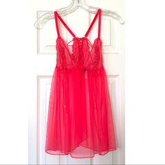 Victoria’s Secret Neon Pink/Coral Sheer Babydoll Lingerie - Condition Is New With Tags - Size: M In Neon Pink/Coral - Racerback - Lace-Up Detail - Adjustable Strap - Originally Sold As A 2 Pc Set. Panties Not Included Pink Sheer Party Sleepwear, Victoria's Secret Sheer Lace Sleepwear, Pink Underwire Sleepwear, Sheer Victoria's Secret Sleepwear, Sheer Flirty Sleepwear For Bedtime, Flirty Sheer Sleepwear For Bedtime, Victoria's Secret Flirty Sheer Sleepwear, Victoria's Secret Sheer Spaghetti Strap Sleepwear, Victoria's Secret Sheer Sleepwear With Spaghetti Straps