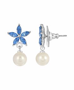 in stock Blue Flower Earrings For Formal Occasions, Formal Blue Flower Earrings, Light Blue Crystals, Flower Drop Earrings, Post Metal, Sparkling Lights, Pearl Flower, Online Earrings, Blue Crystals