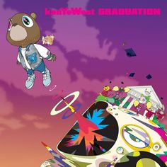 a cartoon bear flying through the air with graduation caps on his head and other objects in front of him