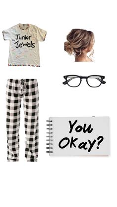 a woman's clothing and accessories including glasses, t - shirt, book, notebook