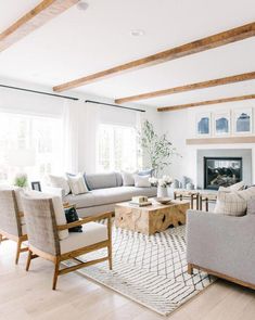 a living room filled with furniture and a fire place in the middle of a room