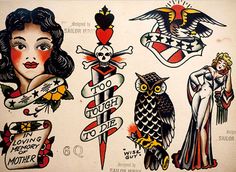 an old school tattoo flash sheet from the 1950's, depicting women with tattoos